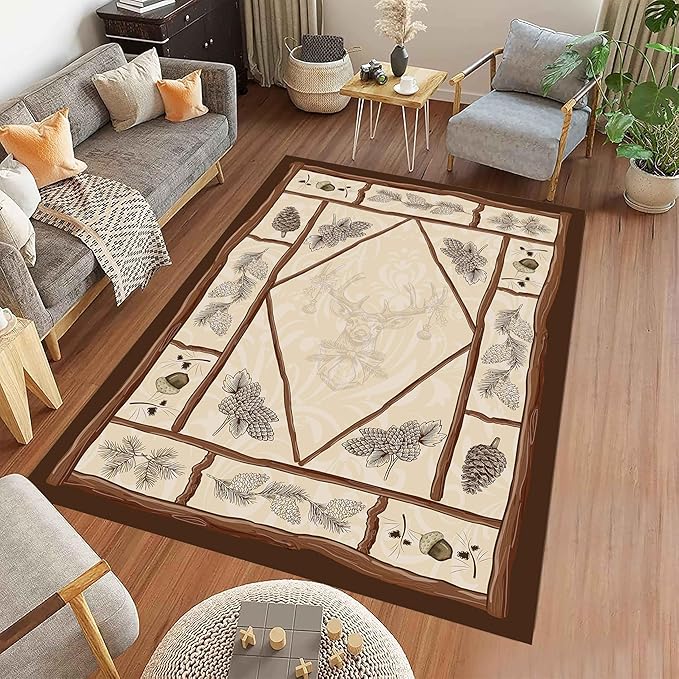 Country Cottage Deer Area Rugs 3x4ft Animal Plant Pine Cone Leaves Branches Patchwork Pattern Featured Indoor Floor Rugs, Vintage Style Non-Slip Non-Shedding Rugs for Farmhouse Office Living Room