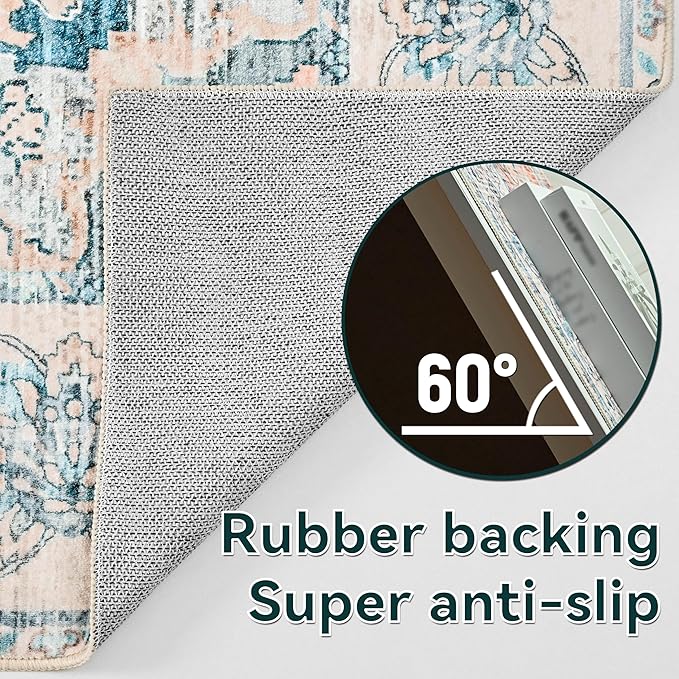 YJ.GWL Area Rugs for Living Room 8x10 Machine Washable Rugs, Non Slip Floral Vintage Rug Indoor Carpet, Stain Resistant Large Rug for Bedroom Dining Room, Dark Blue