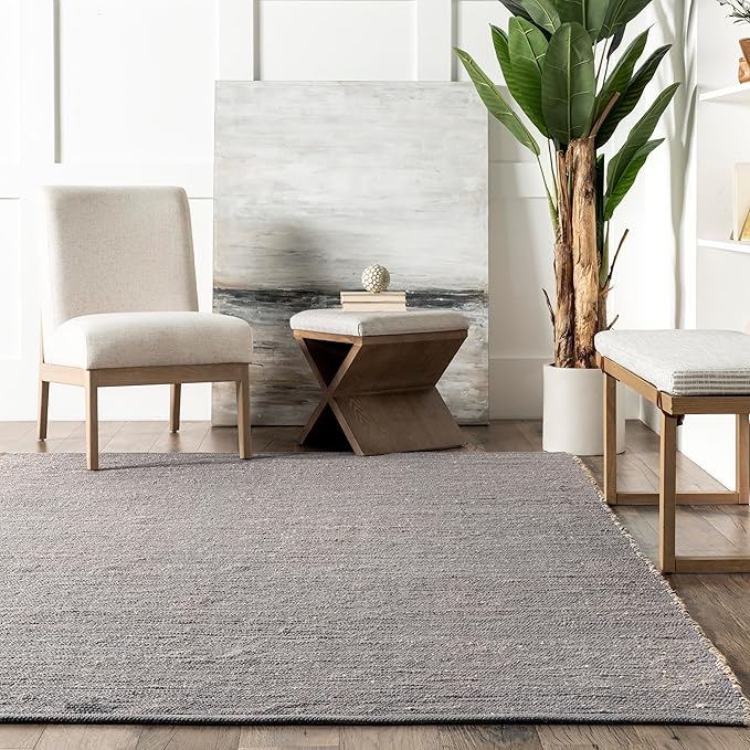 Nuloom Elfriede Handmade, Grey/Ivory, 6' Round, Jute & Cotton, Textured and Earthy, High Traffic, Stain Resistant, Easy Clean, Durable Area Rug for Bedroom, Living Room, Dining, Entryway