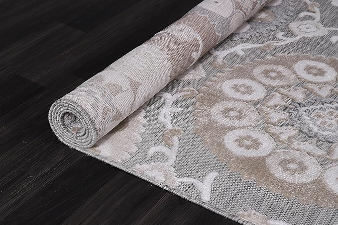 CAMILSON Indoor Outdoor Rug 10x14 Bohemian Medallion Floral Area Rugs for Indoor and Outdoor Patios Easy-Cleaning Non-Shedding Living Room Garden and Kitchen Washable Outside Carpet (10 x 14 / Beige)