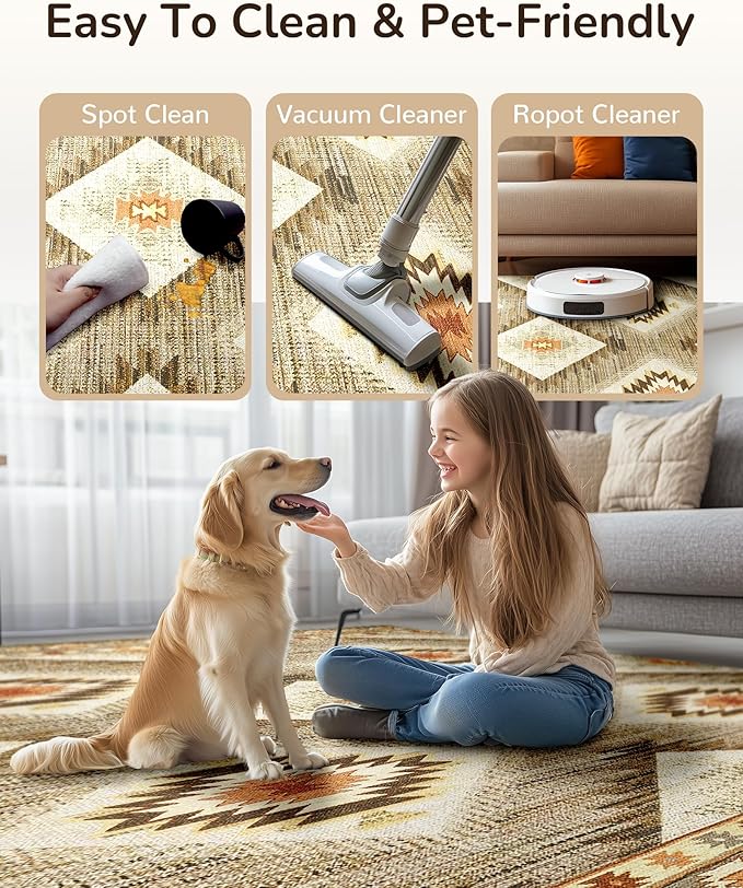 Area Rug 6x8 Rug Machine Washable Non-Slip Low Pile Print Pattern Western Rug for Living Room Bedroom Entryway Tribal Series-Cream/Camel