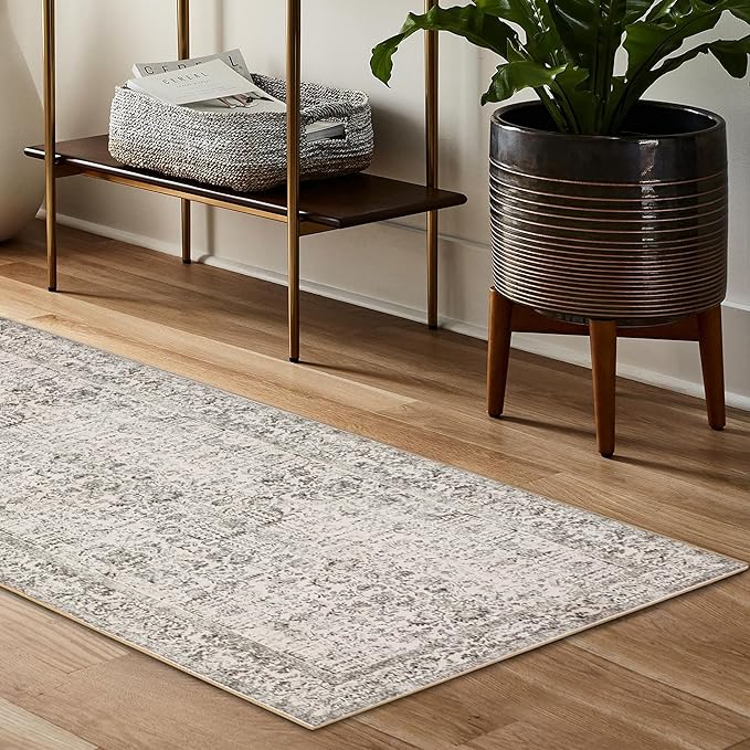 Gray Runner Rug 3x7 Hallway Machine Washable Kitchen Vintage Distressed Non Slip Long Carpet Indoor Grey Retro Floral Bedroom Accent Throw Rug for Bathroom Office Laundry Dining Living Room