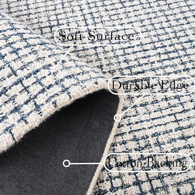 Hand-Tufted 100% Wool Pile Area Rug – Geometric Textured Grid Check Pattern – Thick and Durable Floor Carpet for Bedroom, Living Room, Kids Room, and Dining Area (Ivory, Denim, 7' x 7')