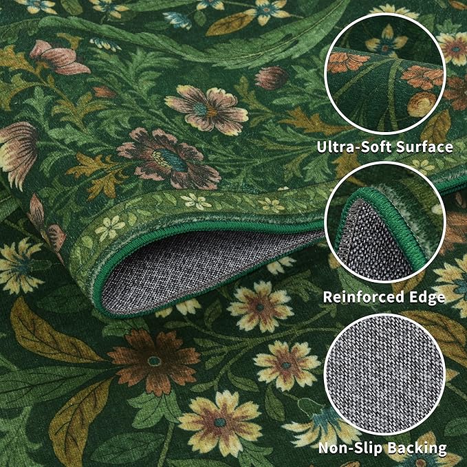 5×7 Dark Green Washable Floral Area Rug,Vintage Boho Soft Low-Pile Living Room Rugs, Stain Resistant Botanical Non-Slip Carpet for Bedroom,Dining Room, Kids Nursery,Home Decor