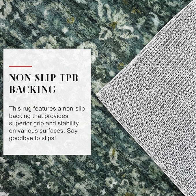 Runner Rug 2.6x16, Dark Green Washable Long Hallway Rug Runner Non-Slip Soft Kitchen Runner Thin Printed Faux Wool Super Soft Carpet for Entryway Bedroom Laundry Room Indoor Home Decor