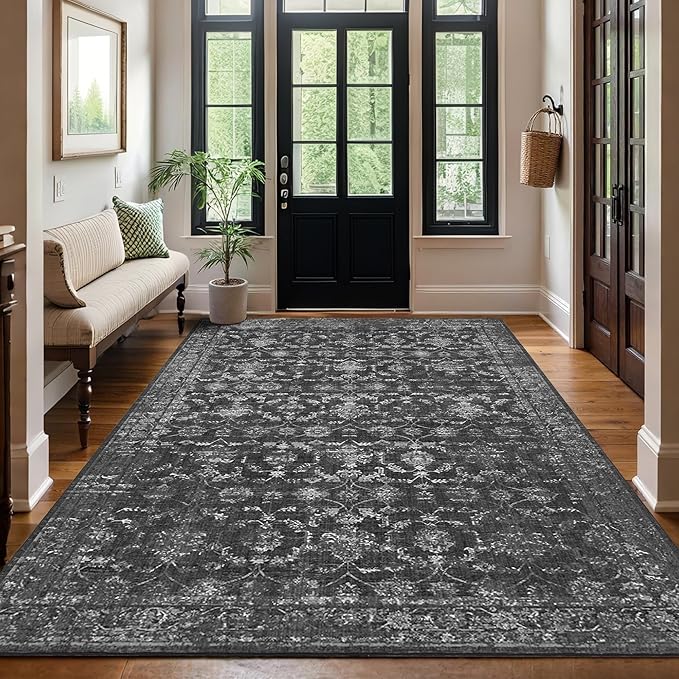 Washable Area Rug 5x7 Black Rugs for Living Room, Vintage Boho Large Rug for Bedroom Dining Room Office, Distressed Floral Print Carpet for Under Table, Soft Non Slip Low Pile Throw Carpet Indoor Mat