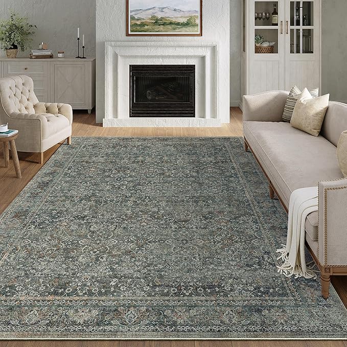 Area Rug 8x10 Gray Living Room Washable Vintage Carpet Non Slip Indoor Retro Traditional Grey Accent Throw Large Rug for Office Bedroom Dining Room Playroom
