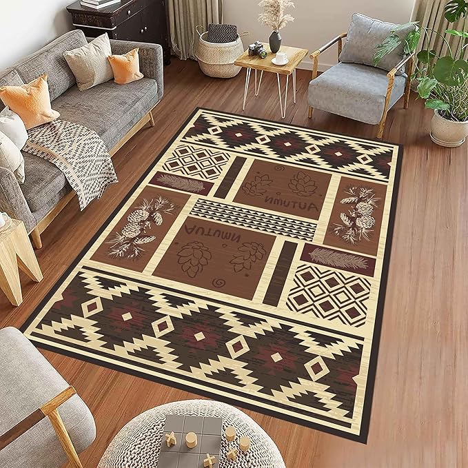UNREASTO Western Area Rugs 4x6ft Vintage Country Southwestern Native Botanical Farmhouse Rug Floor Mats, Rustic Pine Cone Non-Slip Washable Throw Rugs for Hallway Living Room Bedroom Hardwood Floors