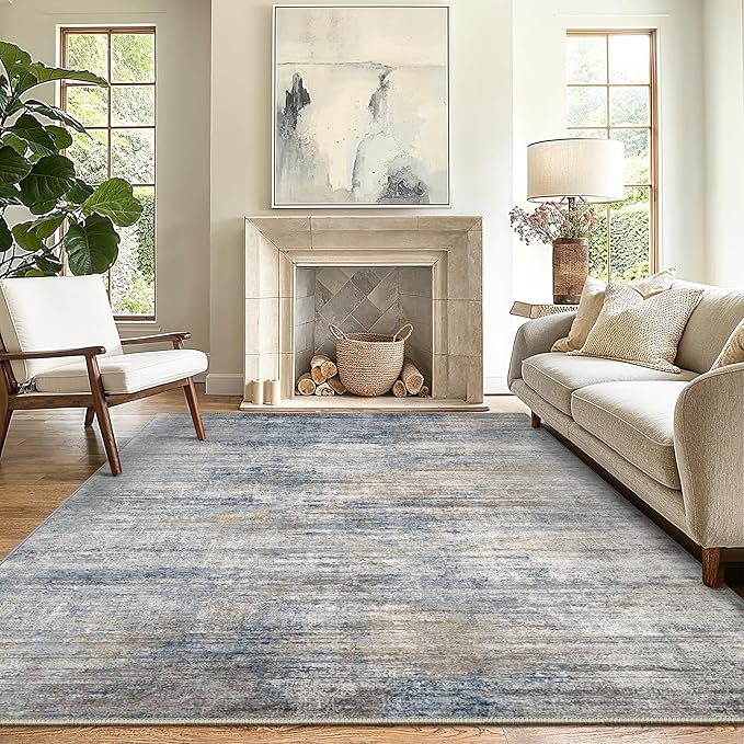 GENIMO Washable Area Rugs for Living Room, 8x10 Modern Non Slip Rugs, Low Pile Lightweight Soft Print Rug for Bedroom, Dining Room, Home Office, Denim Blue Gray