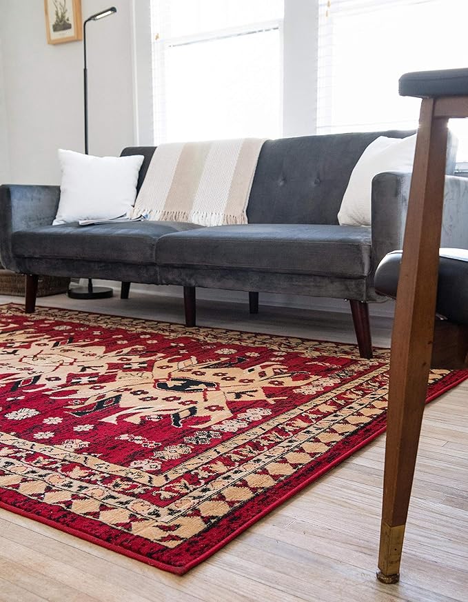 Unique Loom Taftan Collection Border Geometric Tribal Inspired Design Area Rug (7' 0 x 10' 0 Rectangular, Red/ Gold)
