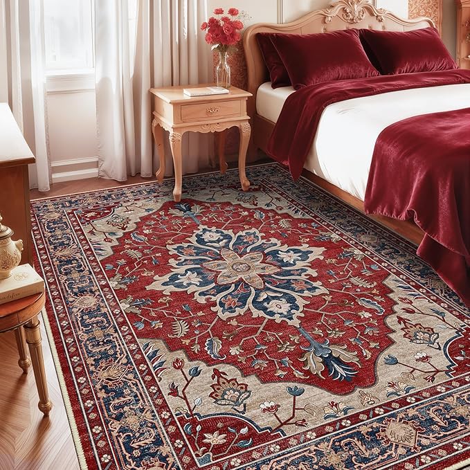 Area Rugs 9'x12' Washable Non-Slip, Floral Vintage Distress Print Pattern Medallion Carpet for Living Room Bedroom Dining Room, Red Blue