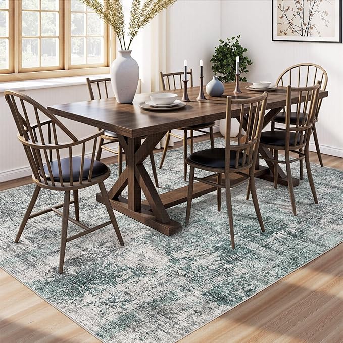 6x9 Area Rug Living Room Rugs - Washable Neutral Modern Abstract Soft Thin Large Rug Indoor Floor No Slip Rug Carpet for Bedroom Under Dining Table Home Office Decor - Green/Grey