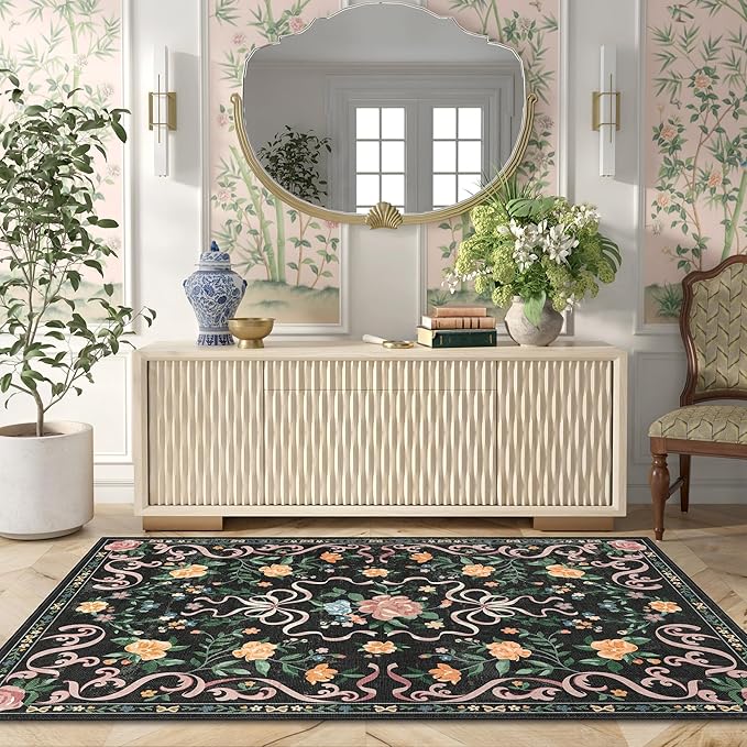 Black Rug Bow Floral Rug 3x5, Washable Boho Area Rugs Non Slip Low Pile Carpet for Girls Room Bedroom, Bedside, Kitchen, Entryway, Kids Room, Soft Ultra-Thin Indoor Elegant Rugs