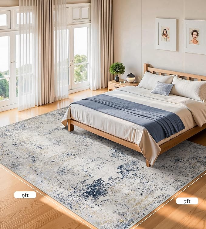 7x9 Washable Area Rugs - Modern Abstract Rugs for Living Room Non-Slip Low Pile Soft Machine Washable Carpet for Bedroom, Dining Room, Nursery, Home Office, Farmhouse (7'x9' Beige Blue)