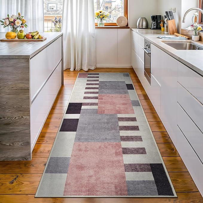 Bloom Rugs Washable Non-Slip 12 ft Runner - Beige/Pink Modern Geometric Runner for Entryway, Hallway, Bathroom, and Kitchen - Exact Size: 2.5' x 12'