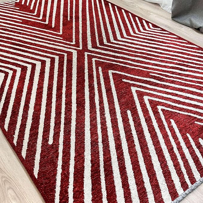 Alfa Rich 4x6 Geometric Red Burgundy Off White Washable Area Rugs for Living Room Bedroom Cotton Rug