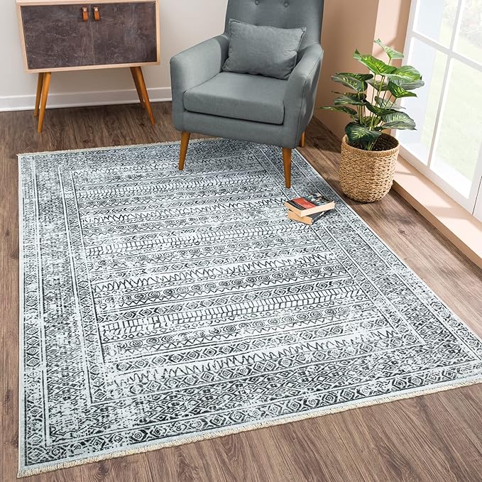 Bloom Rugs Caria Washable Non-Slip 9x12 Rug - Ivory/Black Geometric Area Rug for Living Room, Bedroom, Dining Room, and Kitchen - Exact Size: 9' x 12'