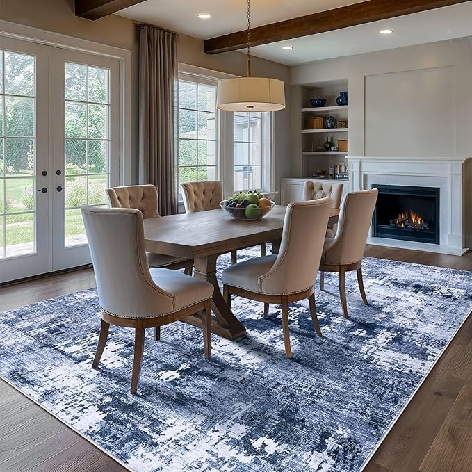 Area Rug Living Room Rugs - 6x9 Washable Large Soft Indoor Neutral Modern Abstract Low Pile Rug Carpet for Bedroom Dining Room Farmhouse Home Office - Navy Blue
