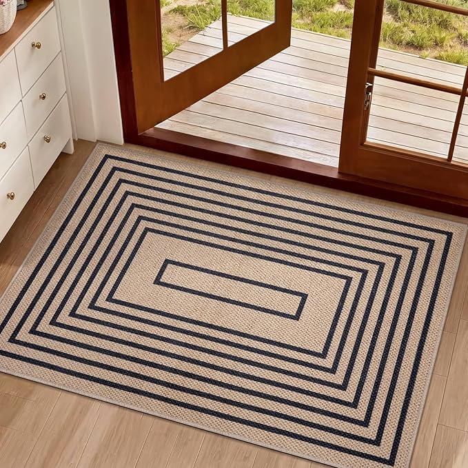 Tangsoo Geometric Easy Jute Rug 2x3 Washable Rug,Small Area Rug for Entryway,Non-Slip Black Thin Indoor Outdoor Door Mat Modern Farmhouse Carpet for Entrance Kitchen Bedroom Front Porch