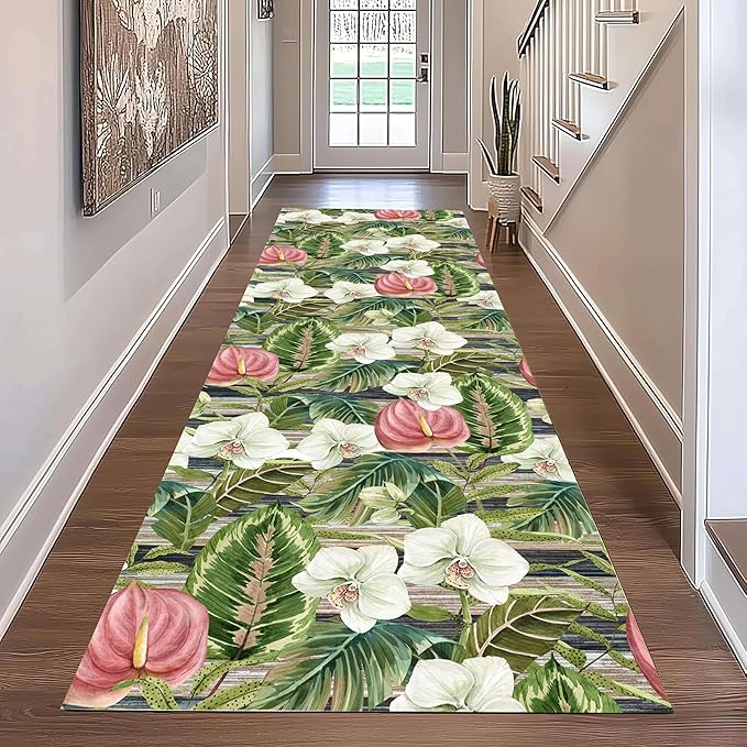 Runner Rug 2.6x10ft Non-Slip - Tropical Floral Watercolor Boho with Orchids & Leaves - Washable Entryway Carpet for Hallway, Bedroom, Dining Room - Green Pink Design