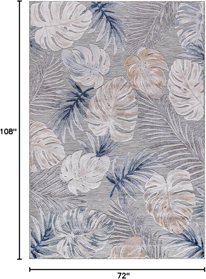 CAMILSON Indoor Outdoor Rug, Blue 6’x9’ Leaf Tropical Botanical Area Rugs for Indoor and Outdoor patios, Easy-Cleaning Non-Shedding Living Room, Garden and Kitchen Washable Outside Carpet (6x9)