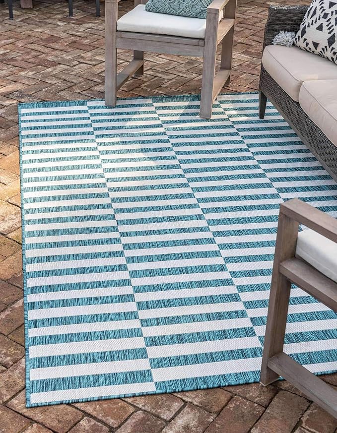 Unique Loom Outdoor Collection Classic Stripes, Transitional Indoor & Outdoor Area Rug, Rectangular 8' 0 x 11' 0 Teal/ Ivory