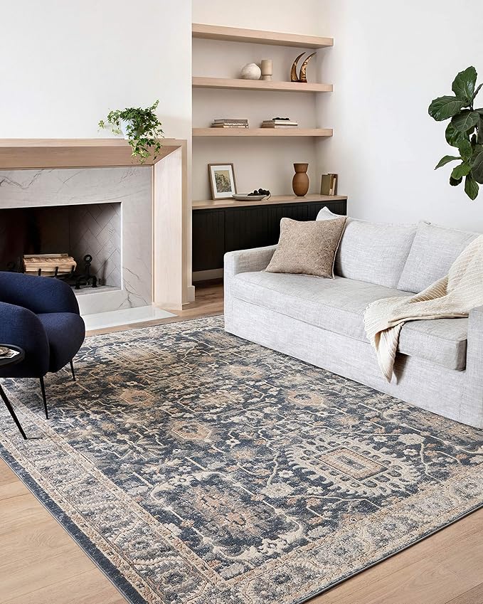 Loloi Teagan Collection TEA-03 Denim/Pebble 6'-7" x 9'-2" Area Rug, Large, Soft Neutral Rug, High-Traffic for Living Room, Bedroom, Home Office, Dining Area