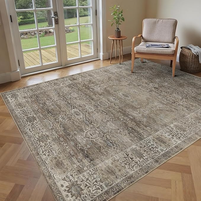 4x6 Washable Rug for Living Room Bedroom Dining Room Non-Slip Low Pile Vintage Distressed Entryway Rug Traditional Floral Retro Accent Throw Carpet for Dining Room Bathroom Kitchen Antique/Moss
