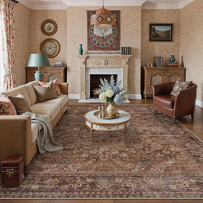 HUGEAR 10x14 Machine Washable Rugs Brick Red Hallway Large Area Rug Indoor Accent Rug Floral Low Pile Carpet Soft Throw Aesthetic Rug Bedroom Living Room Office Dining Room Kitchen Laundry Room