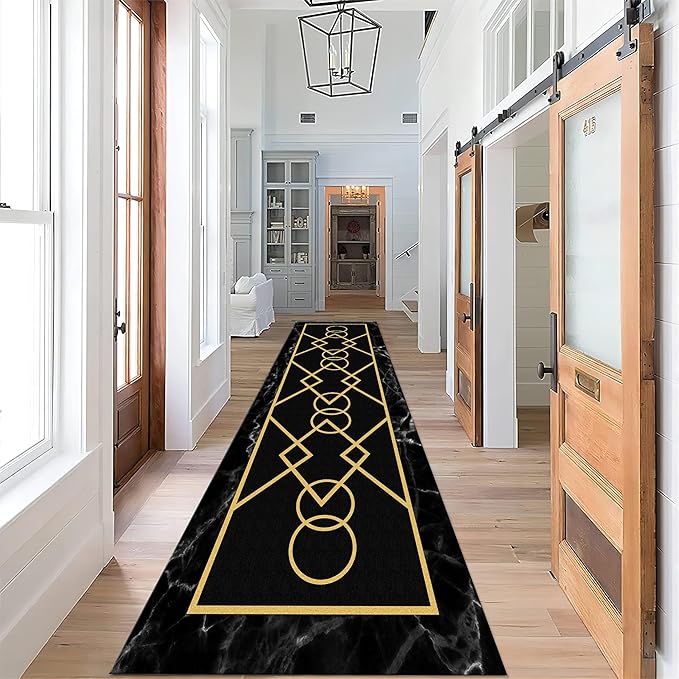 Luxury Gold Stamped Texture Hallway Runner Rug for Walkway, 2.6x10ft, Abstract Black Marble Background Entrance Carpets, Minimalist Geometric Decoration Absorbent Mat for Floor Office