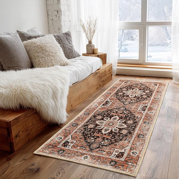 XWZO Runner Rug 2x6ft, Washable Hallway Runner with Non-Slip Backing, Vintage Spill Stain Resistant Floor Mat for Entryway Corridor Bedroom Kitchen, Soft Low-Pile Area Carpet, Brick Red