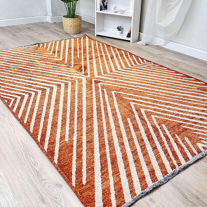 Alfa Rich 4x6 Geometric Burnt Orange Off White Washable Area Rugs for Living Room Bedroom Cotton Rug