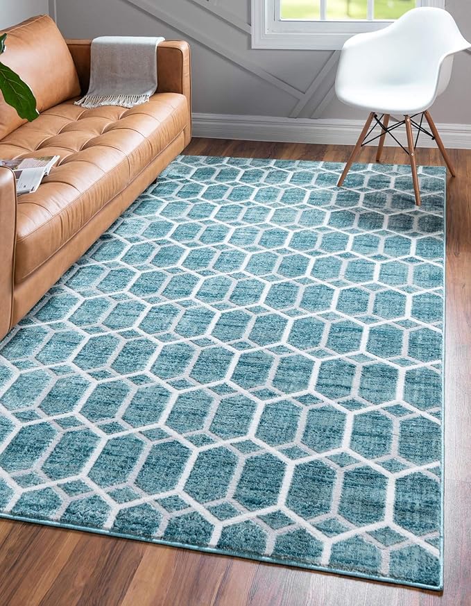 Rugs.com Lattice Trellis Collection Rug – 5' x 8' Blue Low-Pile Rug Perfect for Living Rooms, Large Dining Rooms, Open Floorplans