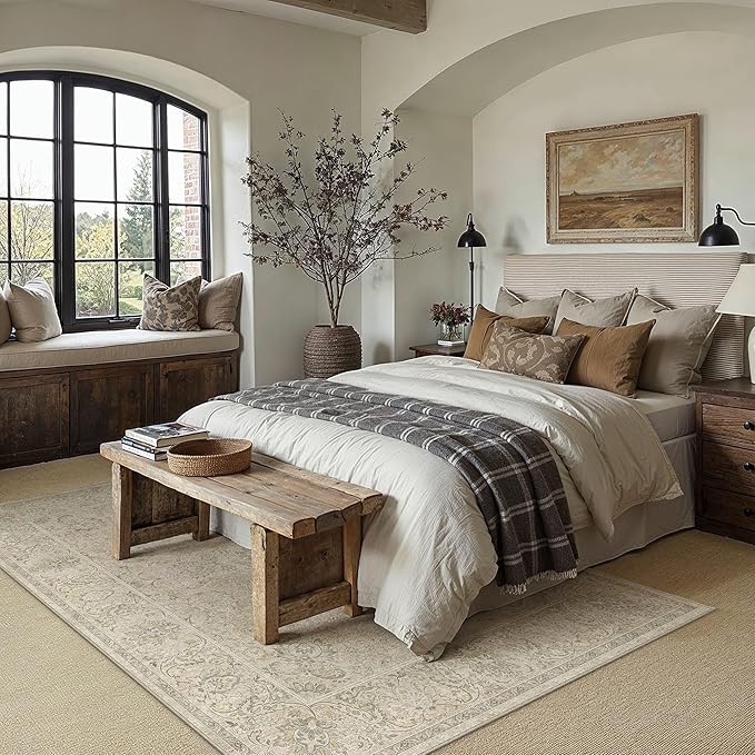 HUGEAR 5x7 Machine Washable Area Rugs Vintage Beige - Neutral Living Room Bedroom Rug Non Slip Stain Resistant Low Pile Aesthetic Throw Carpet Kids & Pet Friendly