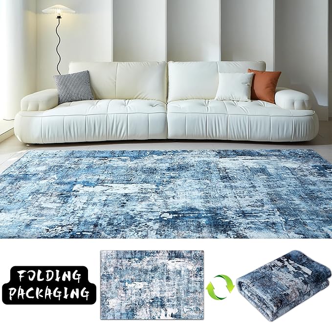 Rugcomf 3x5 Area Rug Blue Soft Abstract Boho Vintage Pattern Non-Slip Non-Shedding Faux Wool Washable for Bedside, Bedroom, Kitchen, Floor, Indoor