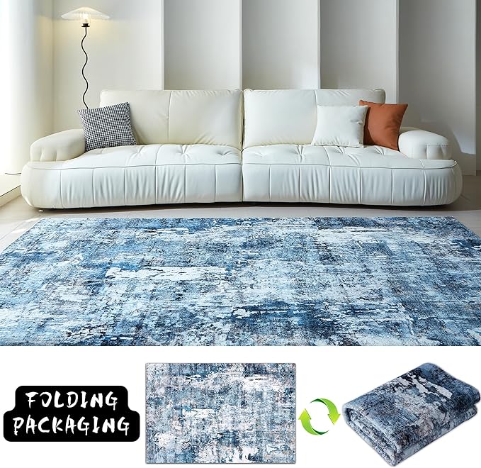 Rugcomf 6x9 Washable Bedroom Boho Rug - Soft, Non-Slip, Non-Shedding Faux Wool Vintage Pattern for Living Room, Farmhouse, Dining Room, Kids Playroom - Blue