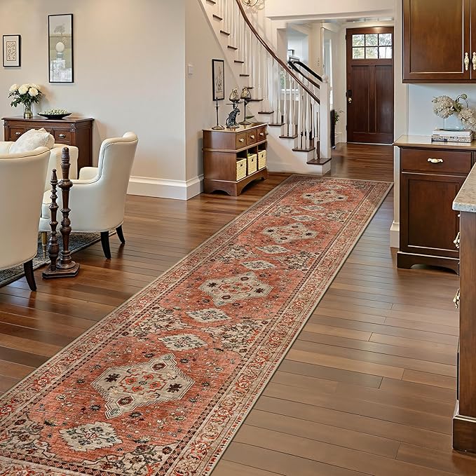Tangsoo Boho Hallway Runner Rug 2.6x12 Washable Runner Rug for Hallways, Non Slip Vintage Soft Low Pile Long Rug Runner, Oriental Terracotta Carpet Runners for Kitchen Bedroom Entryway Living Room