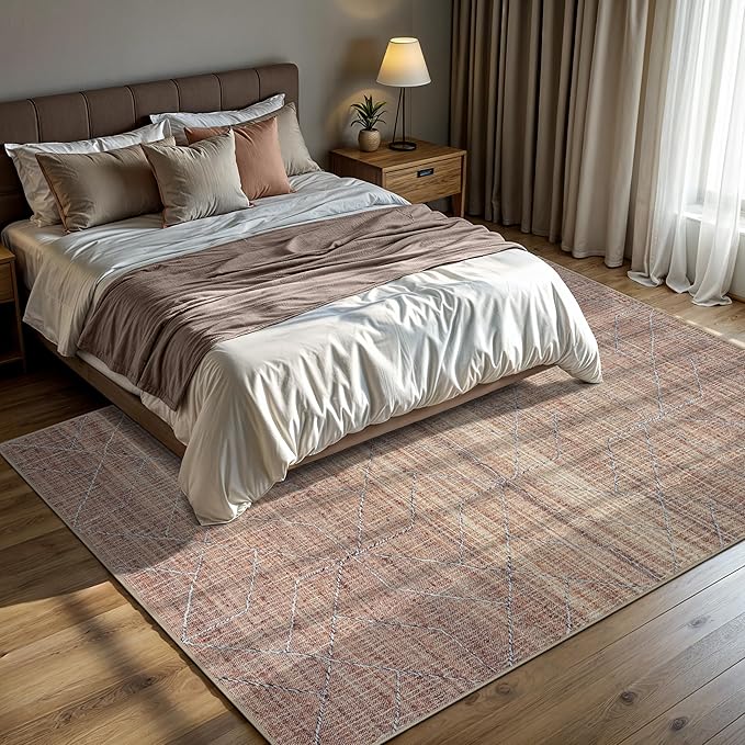 GLN Rugs Contemporary Collection - Machine Washable Area Rug, Contemporary Washable, Non Slip, Low Pile Chenille Rug, Living Room, Bedroom, Kitchen Rug (8' x 10' Terra/Brown)