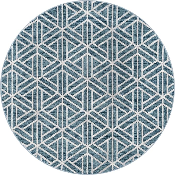 Rugs.com Lattice Trellis Collection Rug – 8 Ft Round Blue Low-Pile Rug Perfect for Kitchens, Dining Rooms