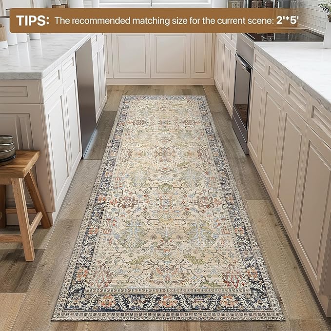Bavni Bedroom Rug Runners for Hallways, Washable Runner Rug 2x7, Low Pile Non-Slip Indoor Throw Carpet for Bedroom Laundry Room, Ivory/Teal