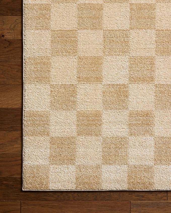 Loloi Chris Loves Julia Calvin Collection CLV-01 Wheat/Ivory 2'-7" x 7'-6" Runner Rug Checkered Neutral Soft Living Room Bedroom Carpet
