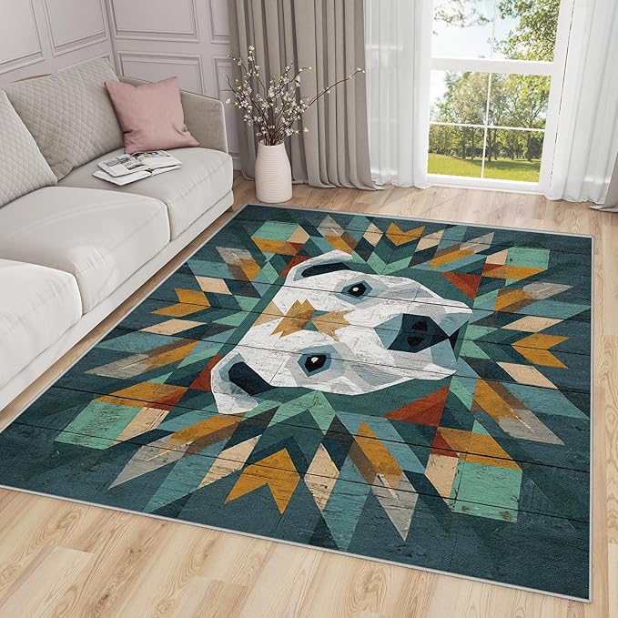 Pitbull Washable Rugs - 5x8ft - Modern Geometric Dog Rustic Wood Grain Rugs for Living Room Non Slip Low Pile Area Rug for Bedroom, Dog Carpets Room Decor & Gifts
