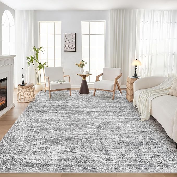 Area Rug Living Room Rugs - 8x10 Abstract Large Soft Indoor Washable Rug Neutral Modern Low Pile Carpet for Bedroom Dining Room Farmhouse Home Office - Vintage Grey
