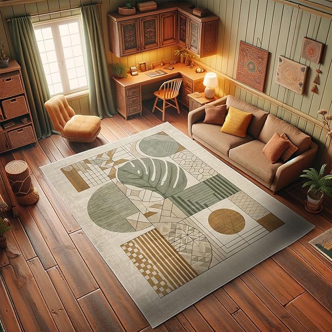 Ambesonne Mid Century Modern Boho Decorative Rug, Monstera Leaf Geometric Grid Ornaments and Circles, Quality Carpet for Bedroom Dorm and Living Room, 2' 2" x 3' 7", Tan Ginger and Laurel Green