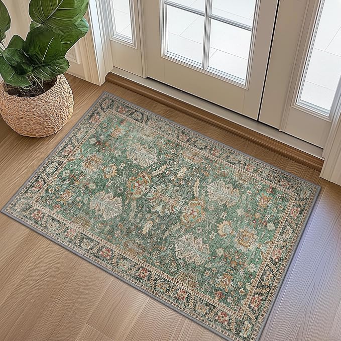 3x5 Rug Washable Small Area Rug Non Slip for Entryway Bedroom Bathroom Kitchen, Boho Green Rug, Thin Low Pile Foldable Carpet, Vintage Farmhouse, Dark Sage/Gold