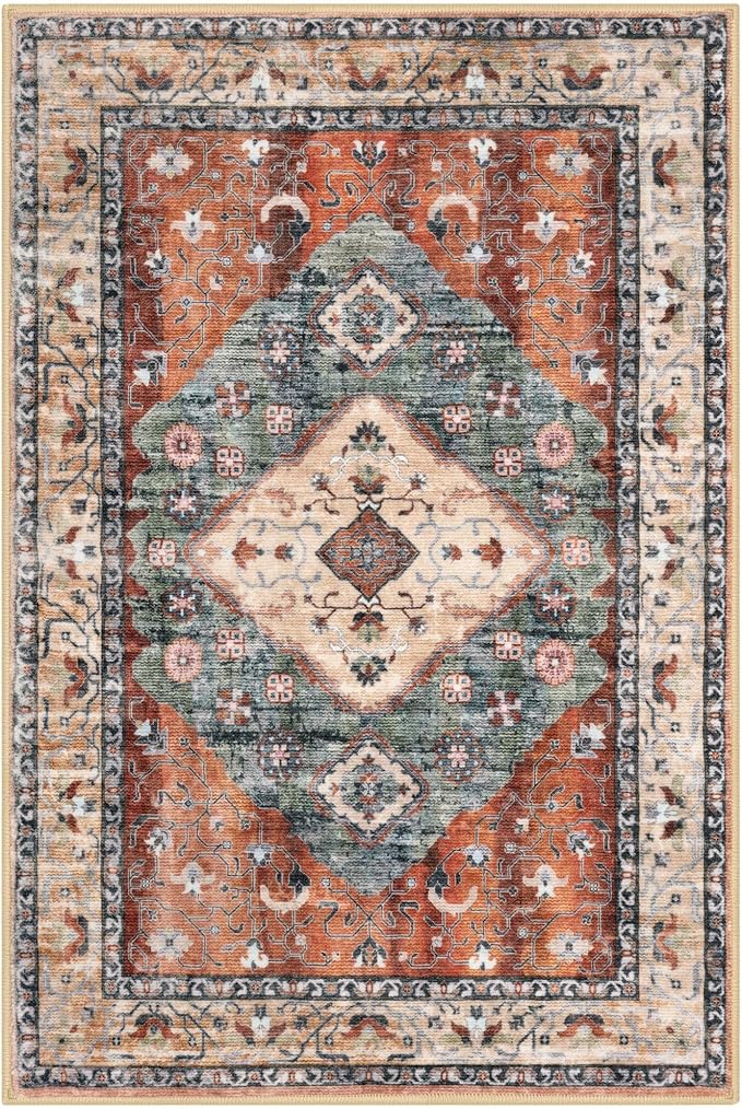 KOZYFLY Boho Area Rug 5x7 Ft Thin Rugs for Living Room Washable Bedroom Rug Non Slip Rugs for Living Room Rust/Orange/Blue Printed Faux Wool Vintage Bedroom Rug Floor Carpet for Dining Room