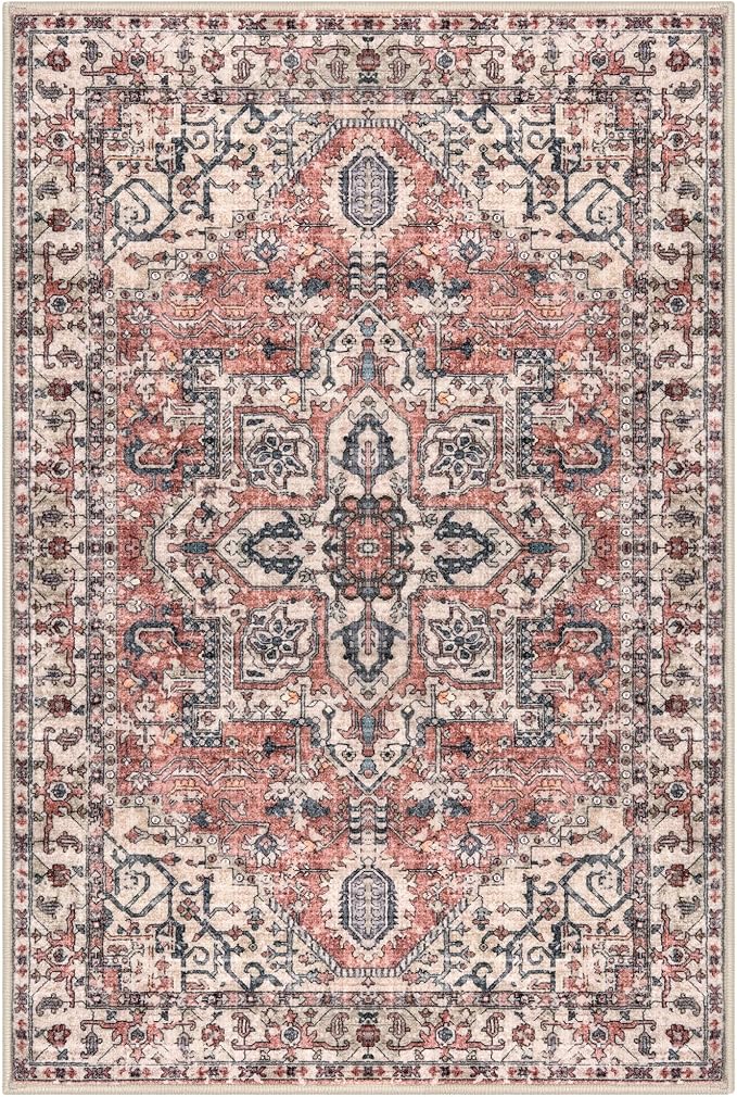 KOZYFLY Boho Area Rug 6x9 Ft Thin Washable Rugs for Bedroom and Living Room Faux Wool Printed Throw Carpet Non Slip Rug for Entryway Kitchen Dining Room, Terracotta/Beige