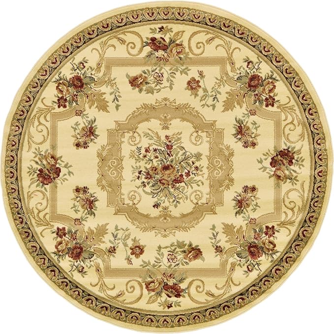 Rugs.com Chateau Collection Rug – 6 Ft Round Cream Medium Rug Perfect for Kitchens, Dining Rooms