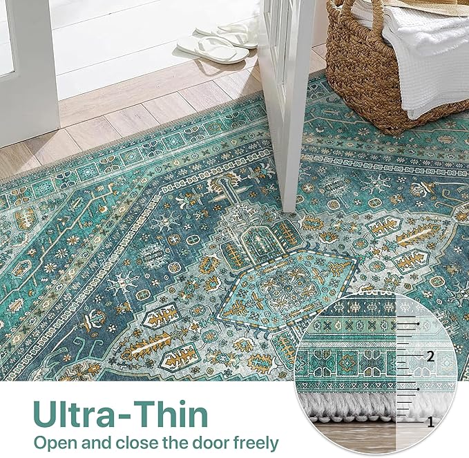 Bavni Kitchen Rug 2x7 Runner Rugs for Hallways Entryway, Washable Vintage Print Carpet, Ultra-Thin Chenille Low Pile Lightweight Rug with Non Slip Backing, Blue/Green