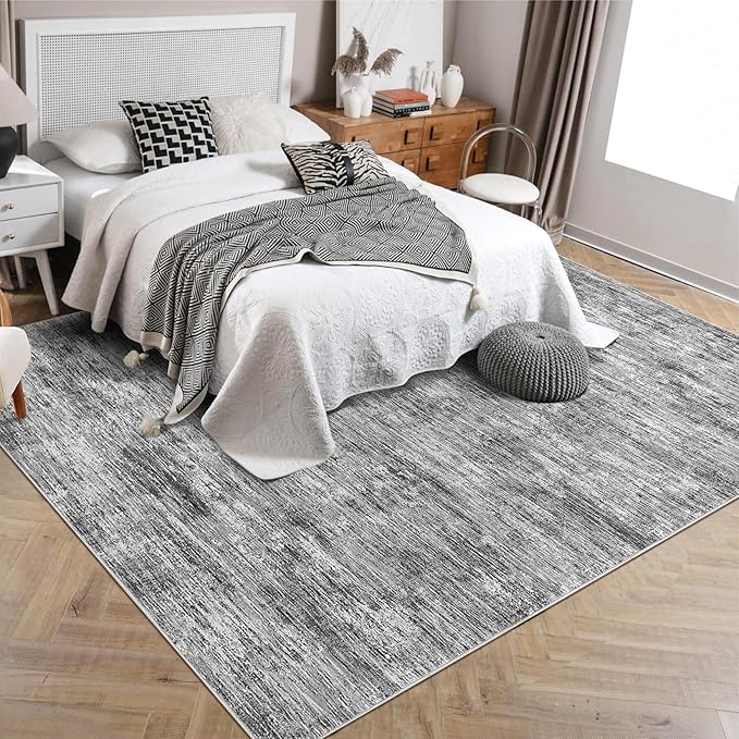 RUGSREAL Bedroom Area Rug 4x6 Modern Abstract Area Rug Stain Resistant Living Room Rug Contemporary Dining Room Rug Non-Slip Solid Rug Aesthetic Accent Floor Carpet for Kitchen Office, Ivory/Grey